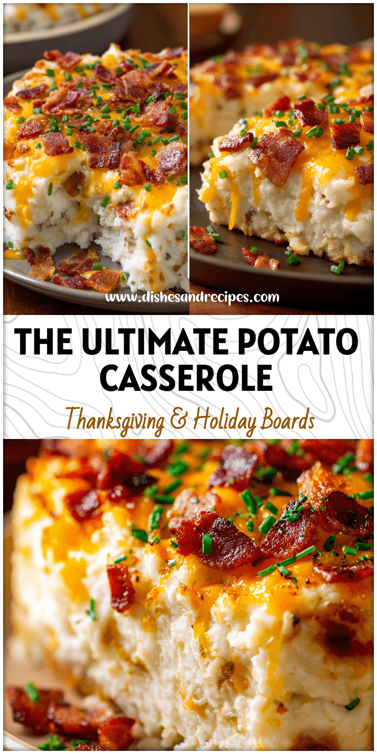 Golden baked loaded mashed potato casserole topped with melted cheese, bacon, and chives in a pan.